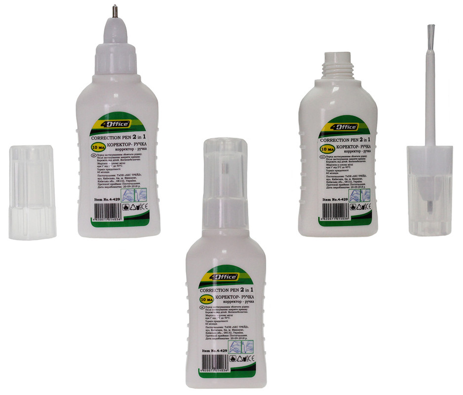 Рідкий коректор 4OFFICE (4-429), 10 мл., 2в1 (металивий дозатор+пензлик)